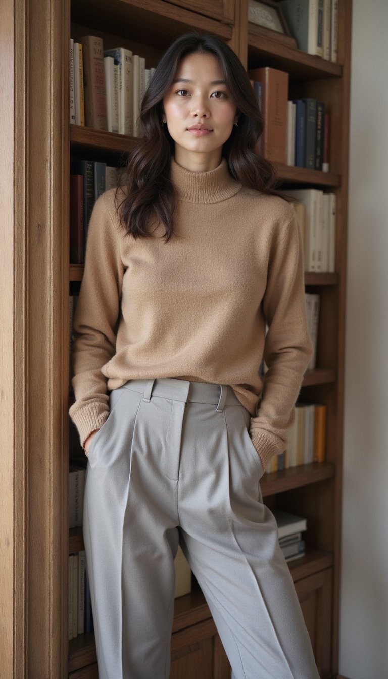 Pantalon Tailleur À Taille Haute Et Pull Fin