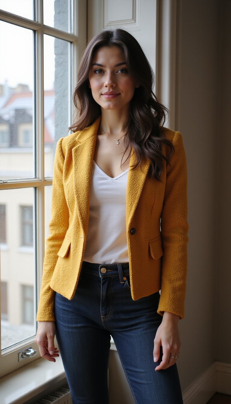 Veste En Tweed Court Et Jeans Effet Polished