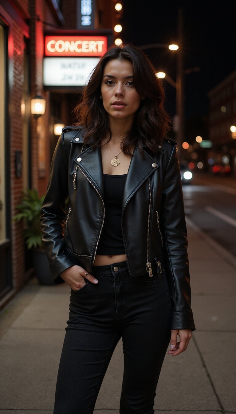 Look Rock Blouson Cuir Et Jean Noir