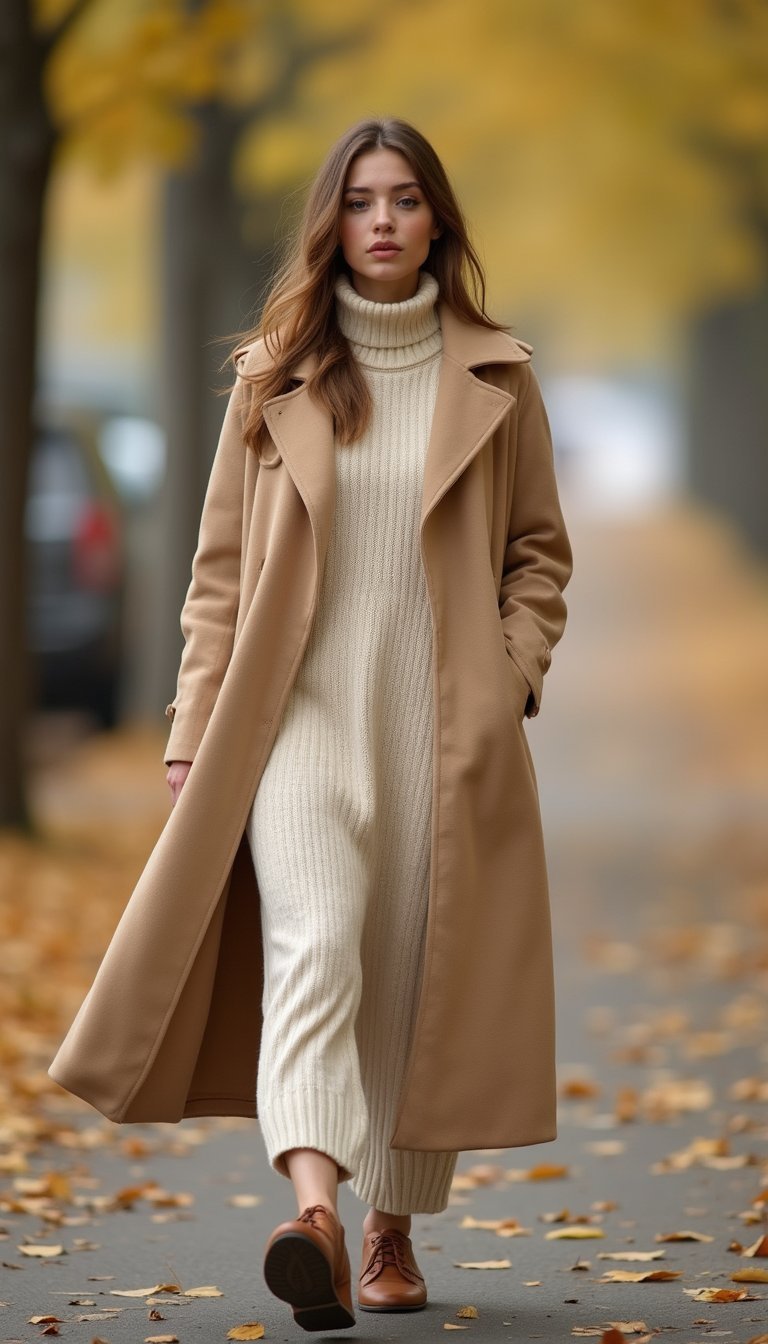 Manteau Long Beige Et Robe Polo Confort