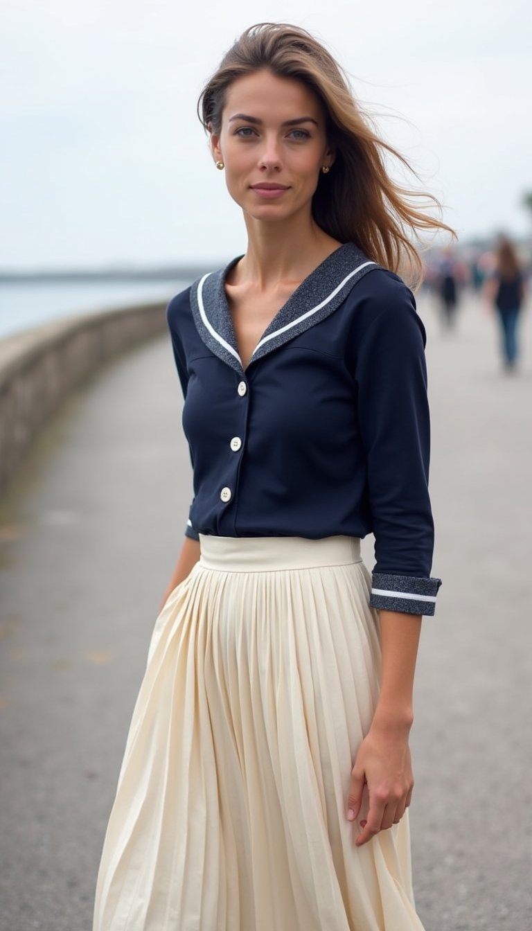 Marinière Marine Et Jupe Plissée Chic