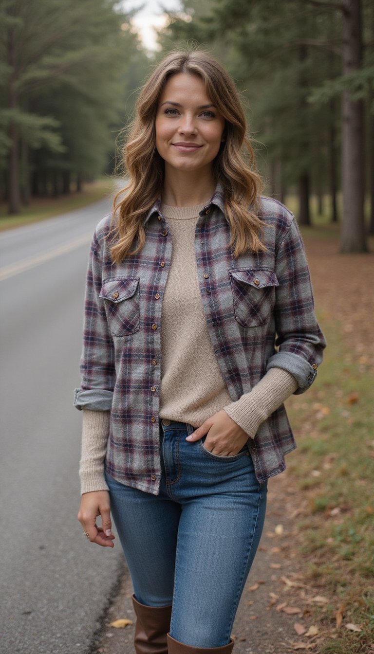 Chemise À Carreaux Superposée Sur Pull Léger