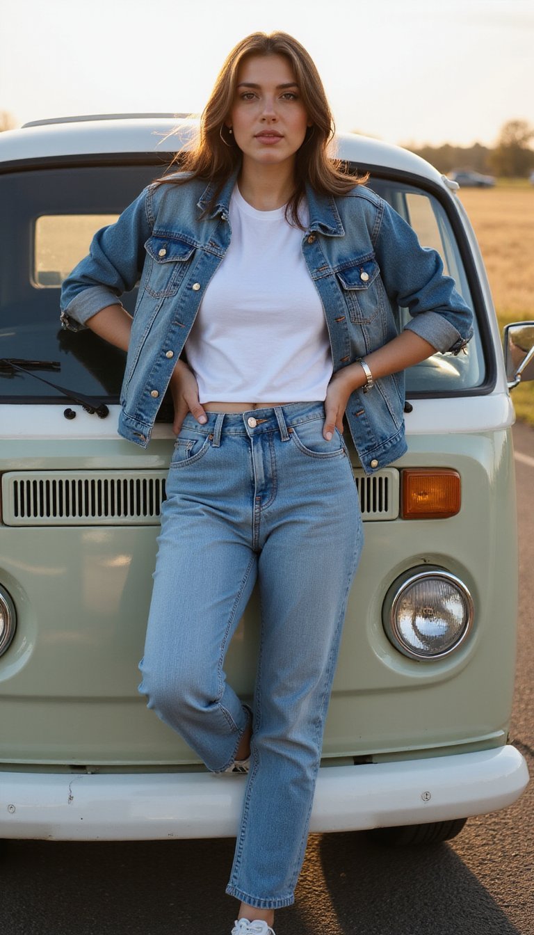 Denim Sur Denim Avec T-Shirt Blanc Simple Et Style