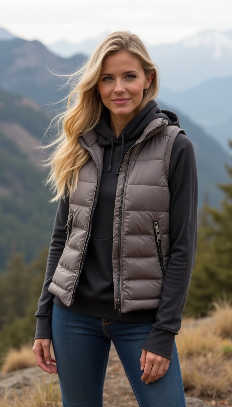 Doudoune Sans Manches, Hoodie Et Jeans Droits Chauds