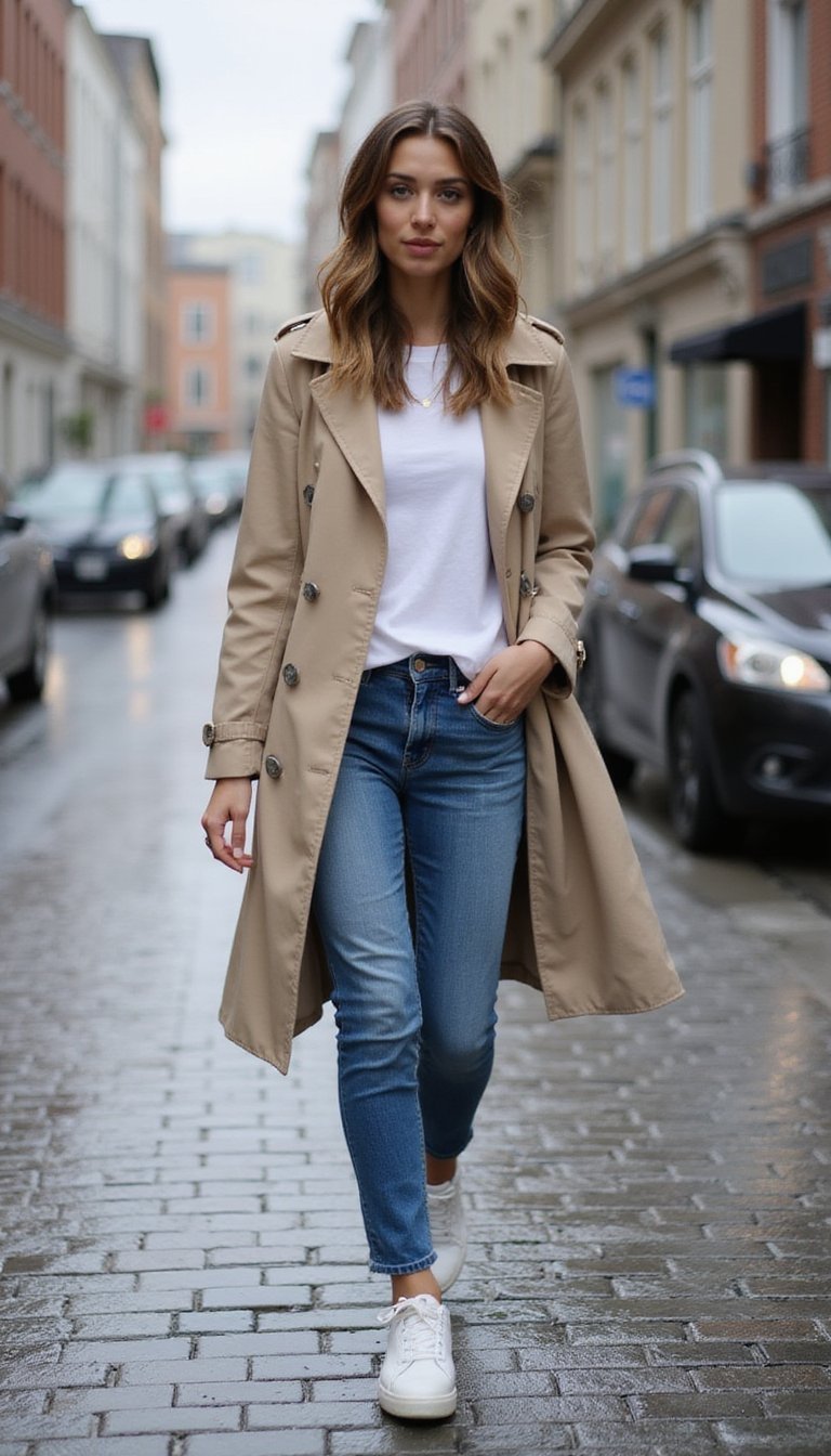 Trench Léger, Jean Slim Et Baskets Blanches Propres