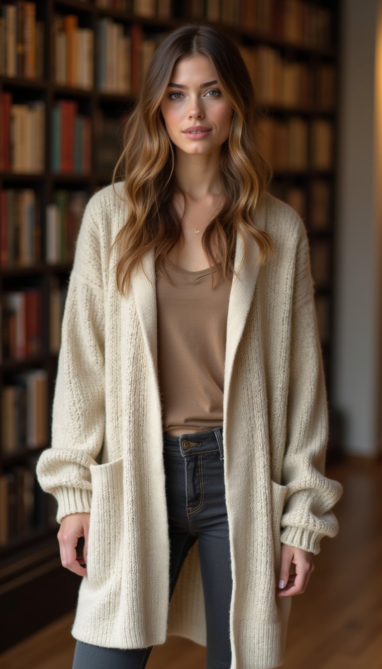 Cardigan Extra Long Ceinturé Et Leggings Simples