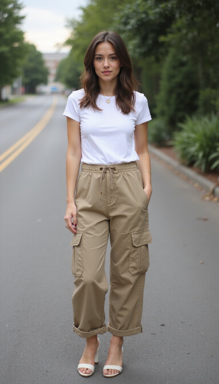 Pantalon Cargo Taille Haute Et Tee Basique Blanc