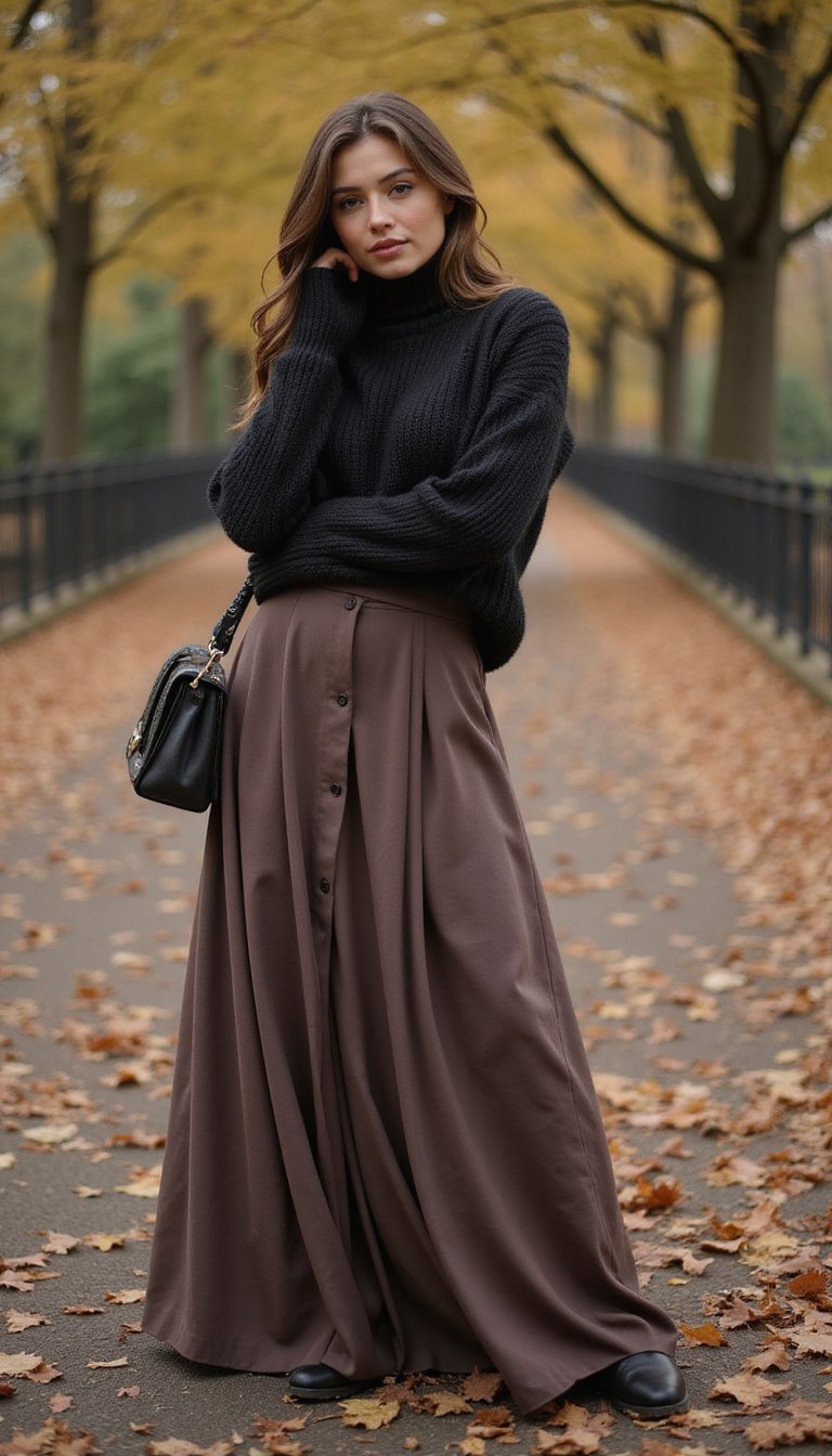 Pull Col Roulé Léger Et Jupe Maxi Fluide