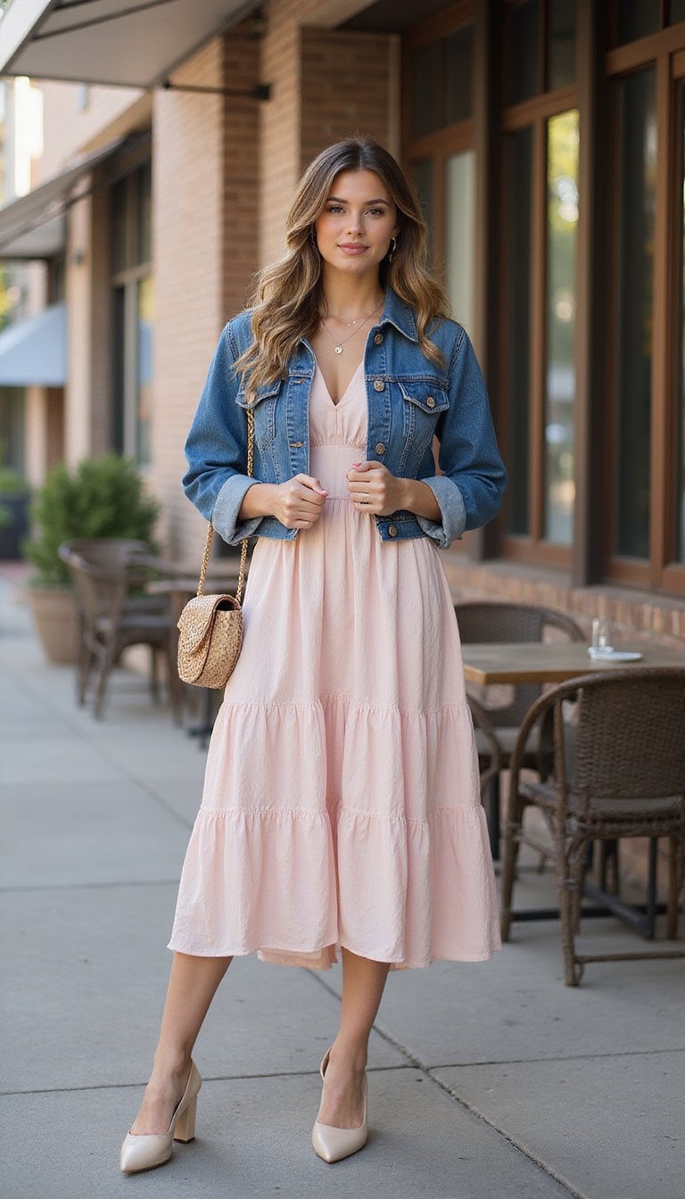Robe Midi Fluide Et Veste En Jean Décontractée