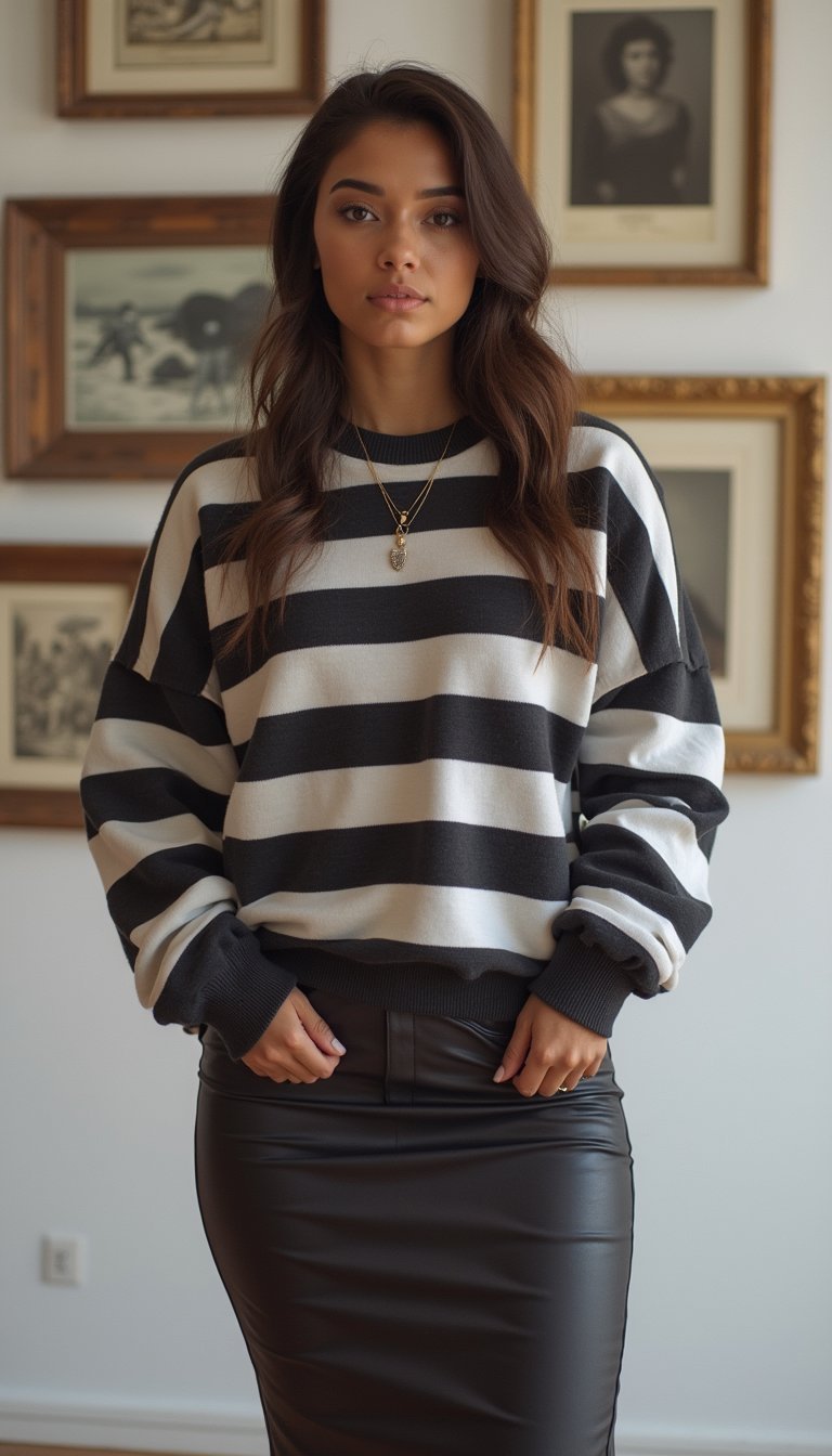 Sweat Oversize Rayé Et Jupe Crayon Pour Contrastes Intéressants