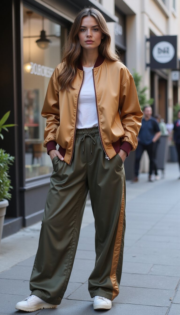 Bomber Satiné Et Pantalon Wide-Leg Athleisure Élégant