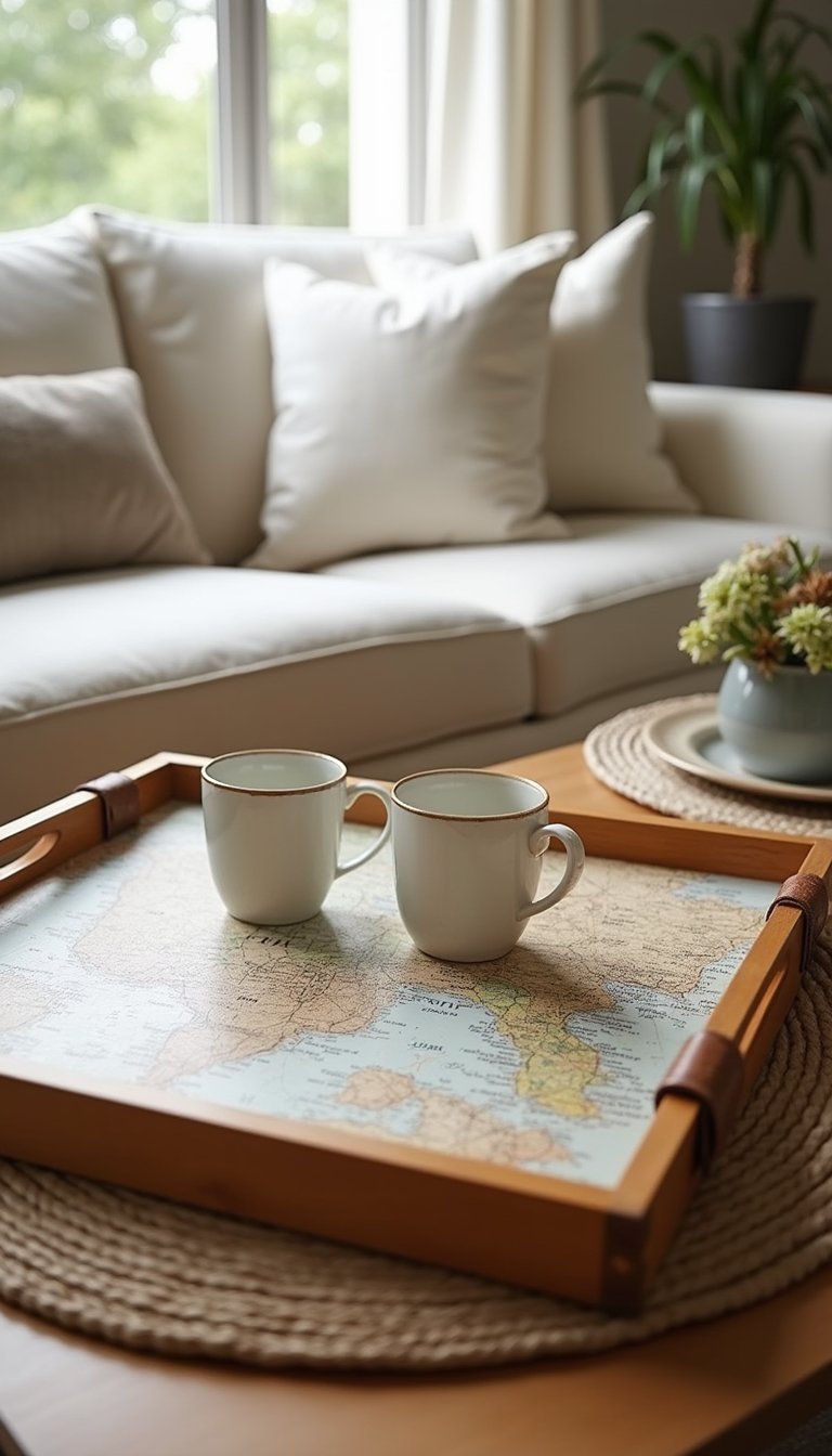 Map Decoupage Serving Tray With Leather Handles