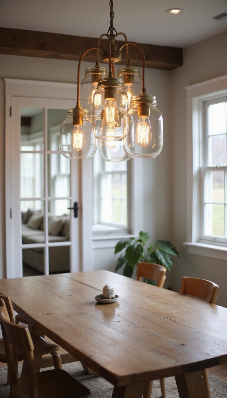 Mason Jar Cluster Pendant Lighting Over Table