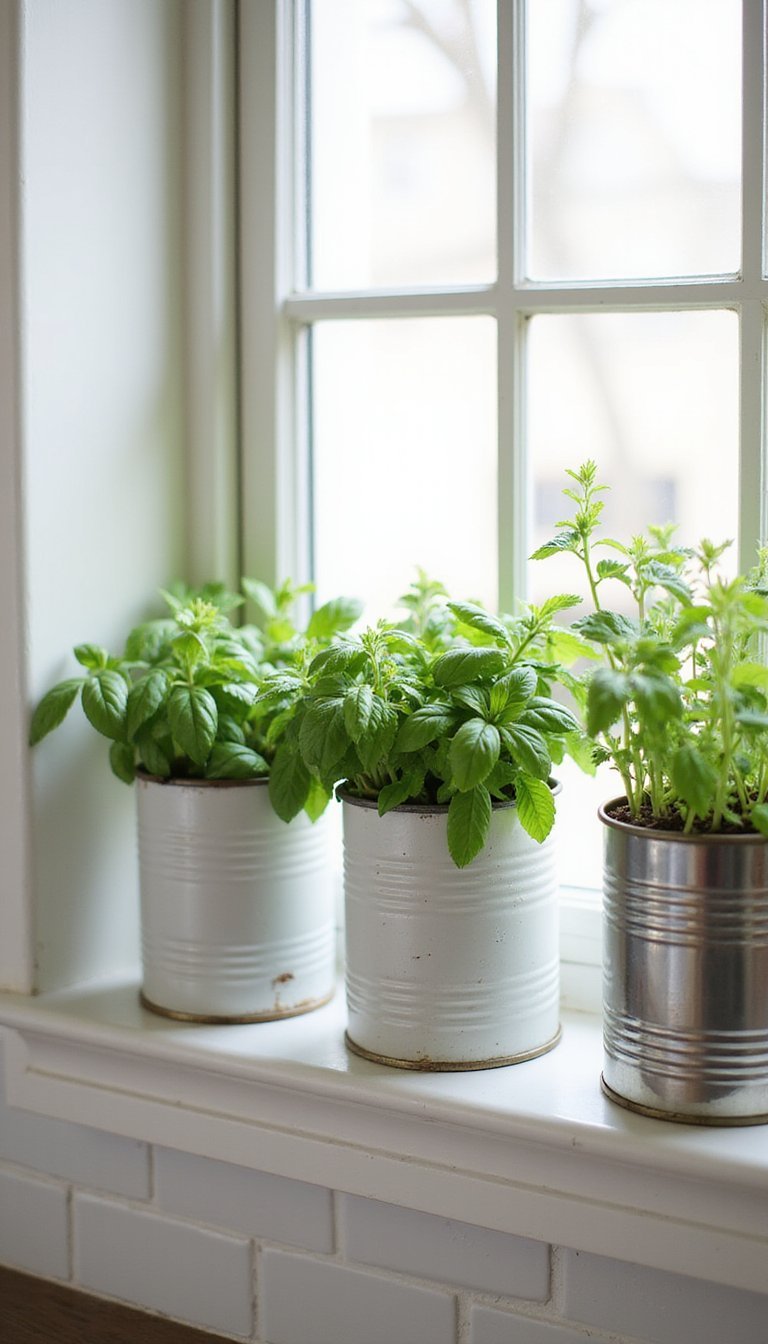 Tin Can Herb Garden On Kitchen Windowsill