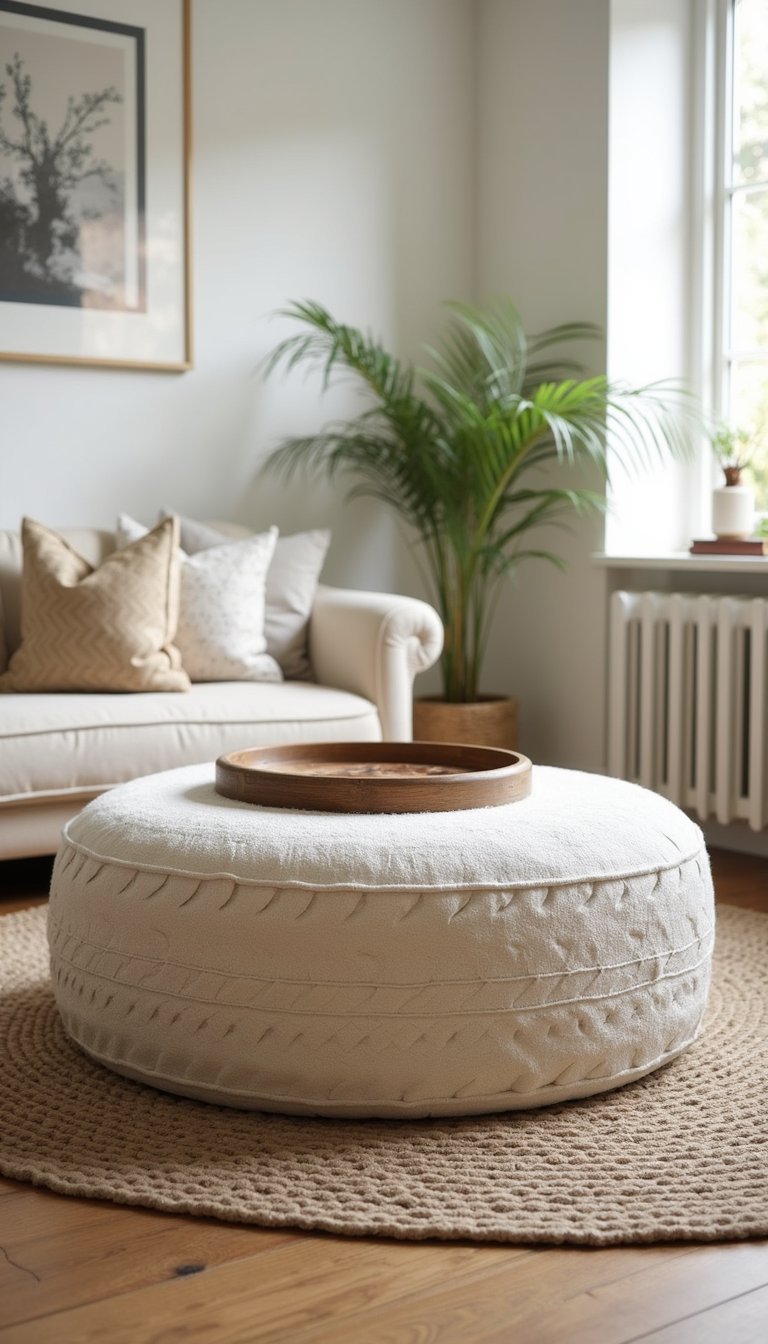 Tire Ottoman Reupholstered In Boucle Fabric