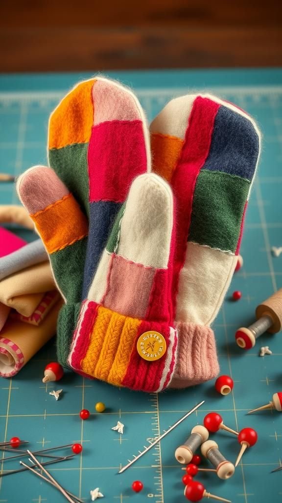 Colorful Patchwork Crazy-Quilt Sweater Mitten Pair