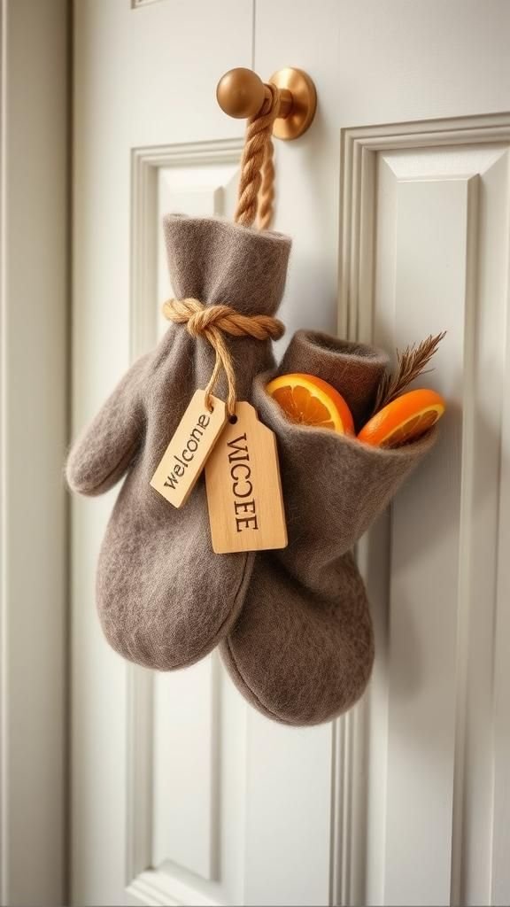Door Hanger Mitten Pair With Welcome Tag