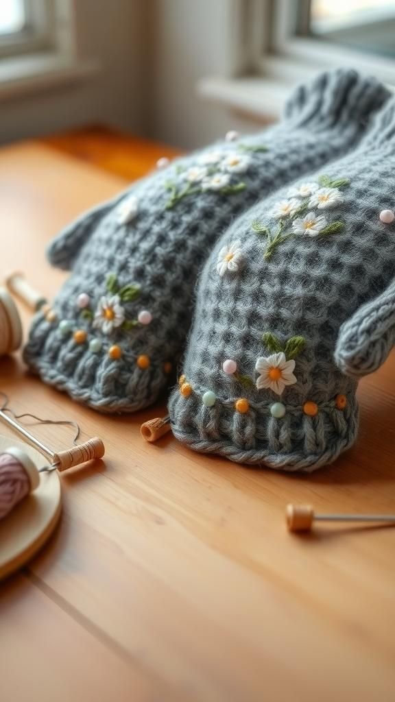 Embroidered Wildflower Upcycled Wool Mitten Set