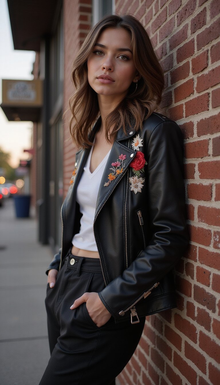 Leather Jacket Reworked With Embroidered Patch Panels