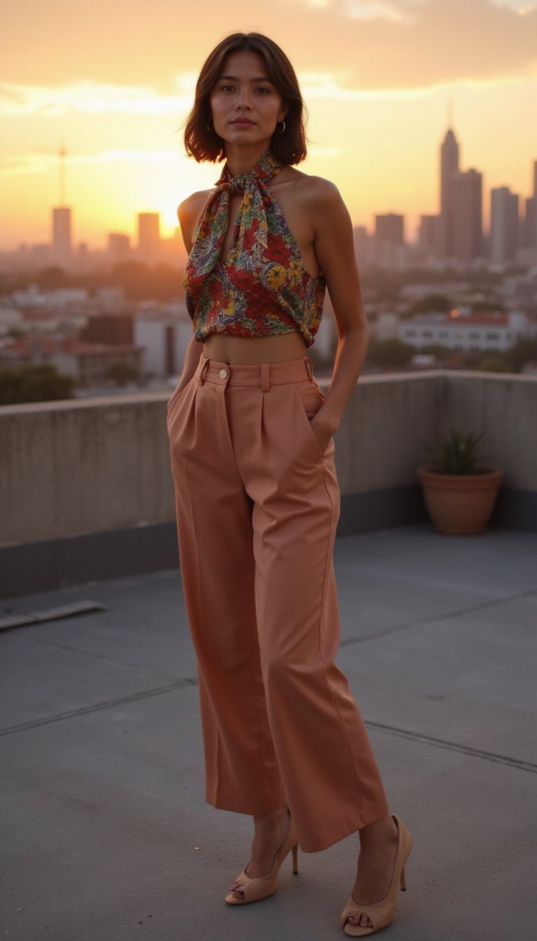 Silk Scarf Halter Top With High-Waist Trousers
