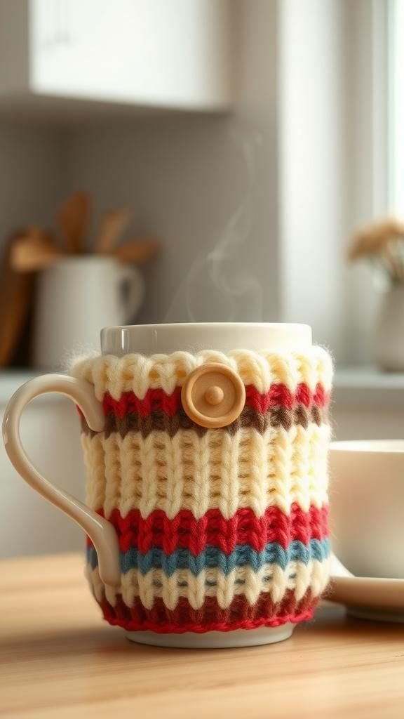 Striped Mug Cozy With Button Closure