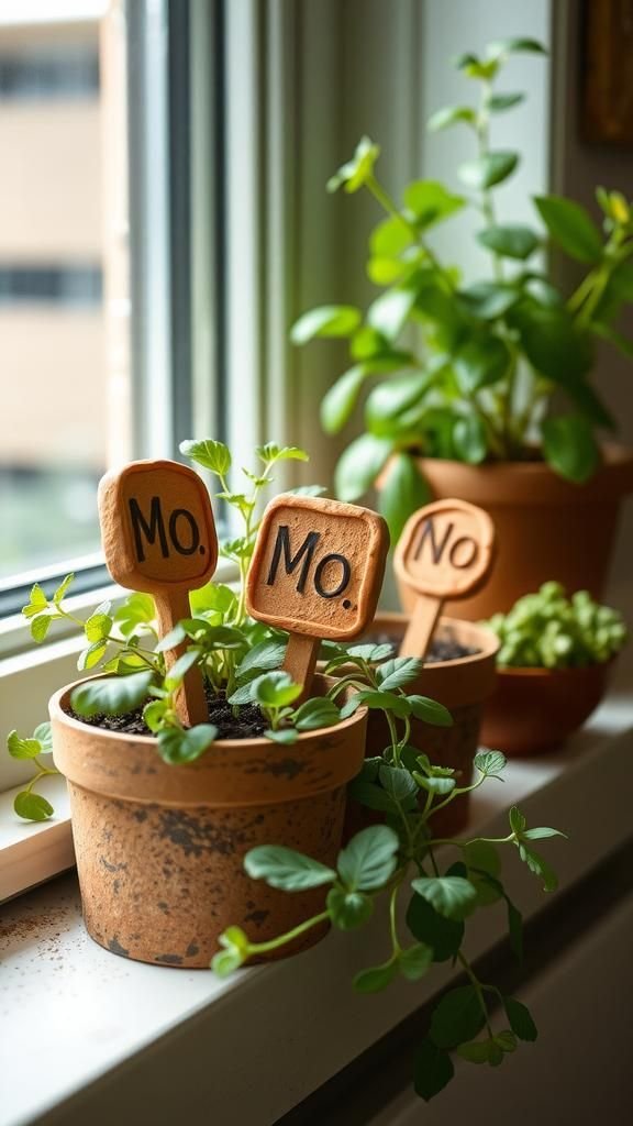 Rustic plant marker stakes for potted herbs