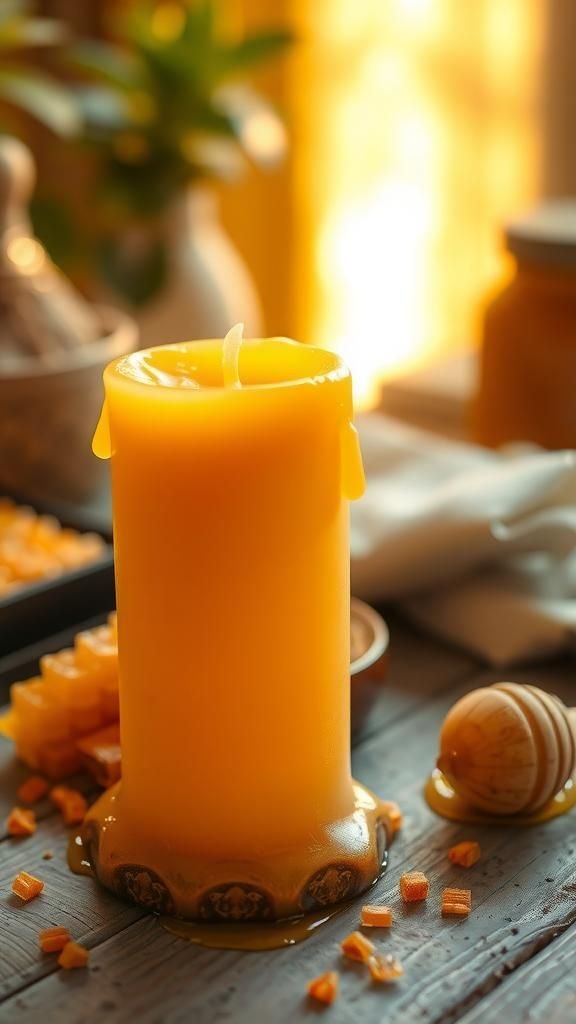Honeycomb beeswax drip candle with golden warmth