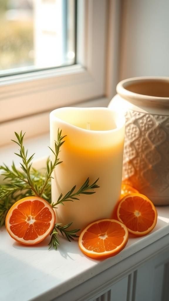 Rosemary citrus kitchen candle on a sunny sill
