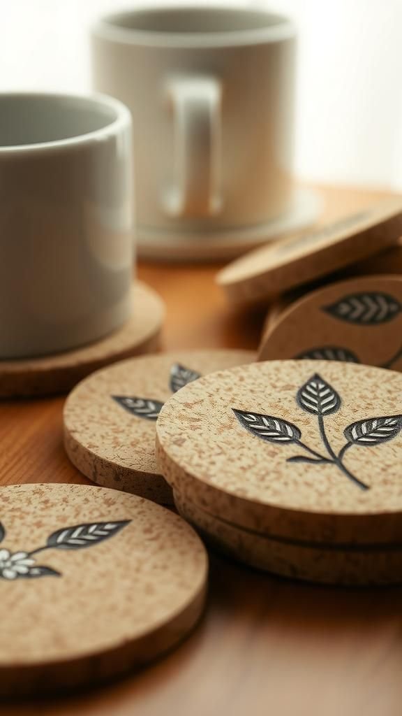 Cork coasters with stamped accents and texture