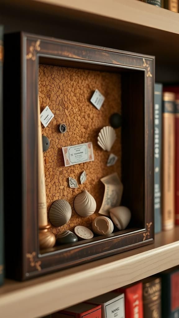 Cork shadow box of tiny keepsakes and textures