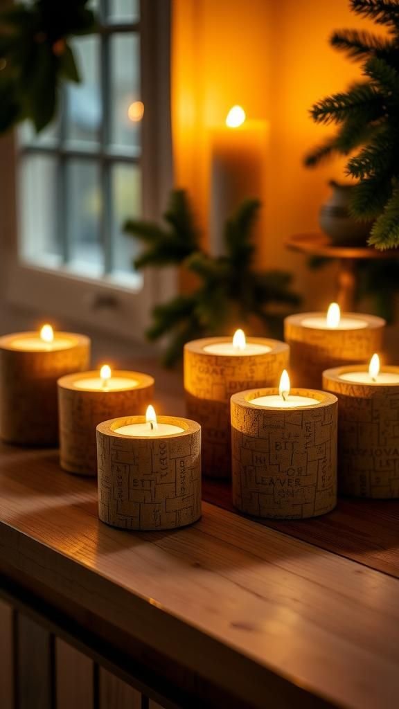 Textured cork candle holders with soft glow
