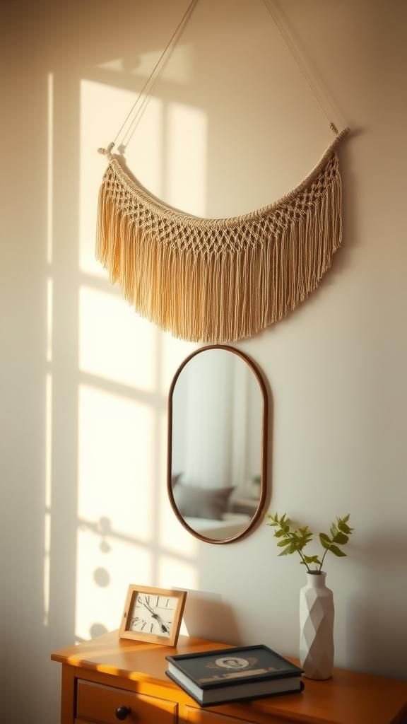 Half-moon macrame for above a small mirror