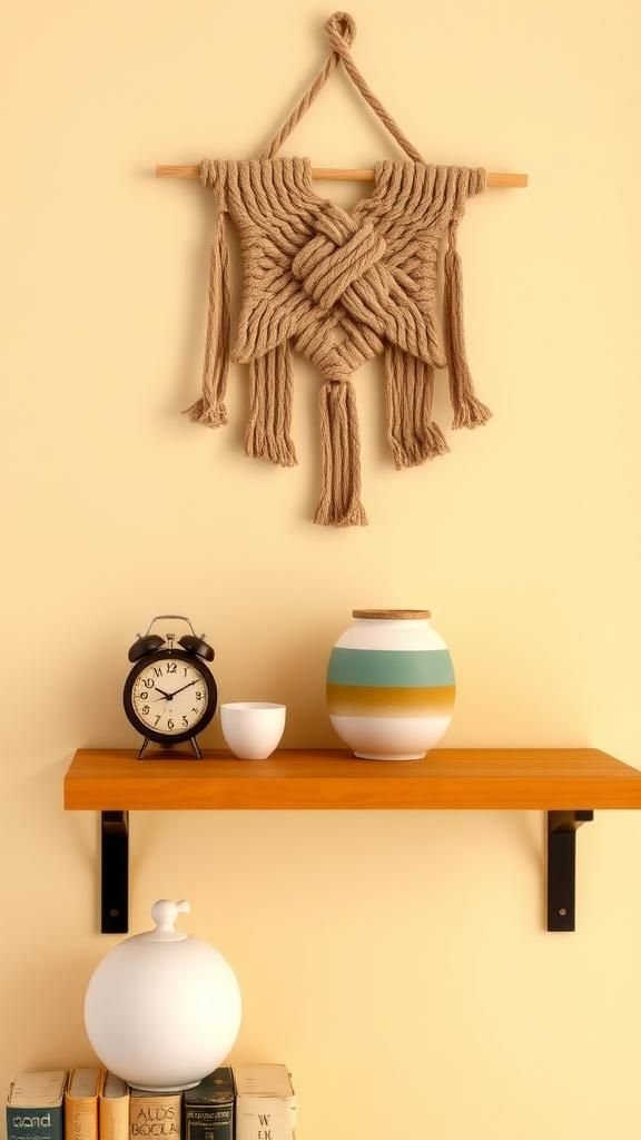 Macrame shelf topper that crowns small shelves