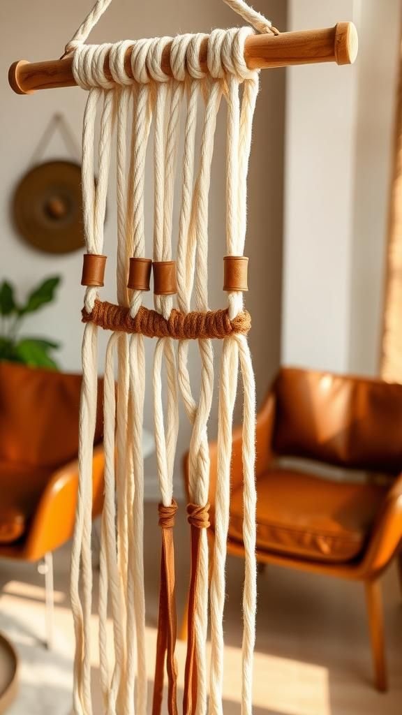 Macrame with leather accents for mixed materials