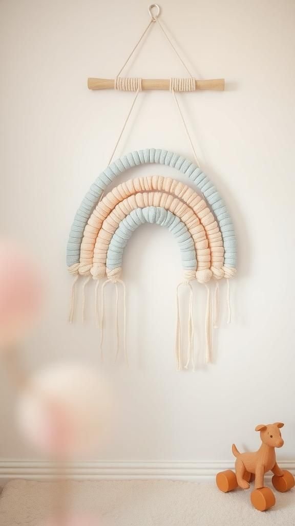 Pastel rainbow macrame that softens a nursery