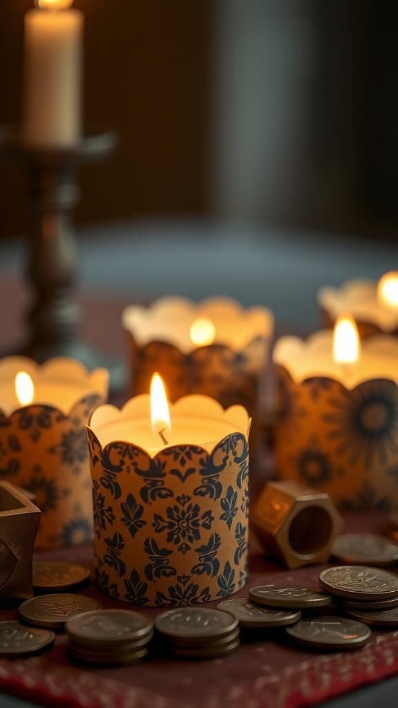 Menorah candle sleeves made from patterned paper