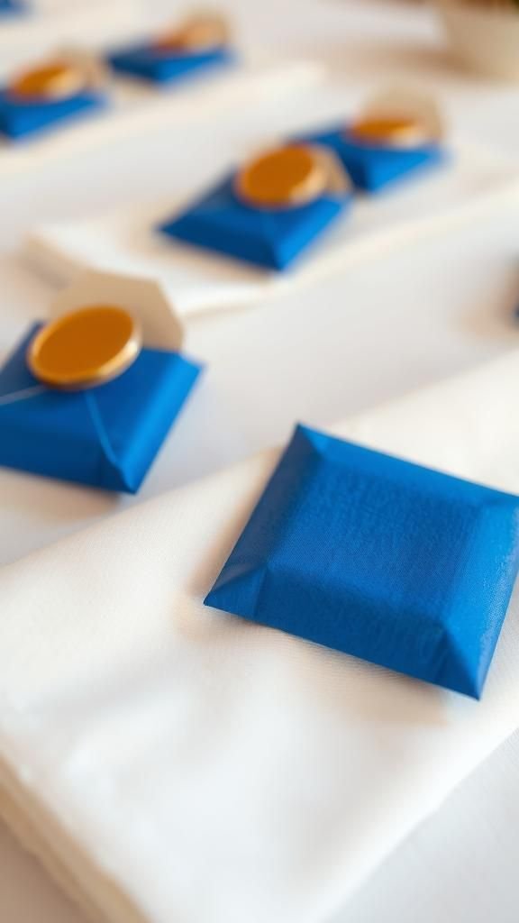 Mini gelt envelopes tucked into napkins