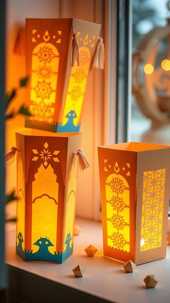 Paper luminary lanterns glowing on a windowsill