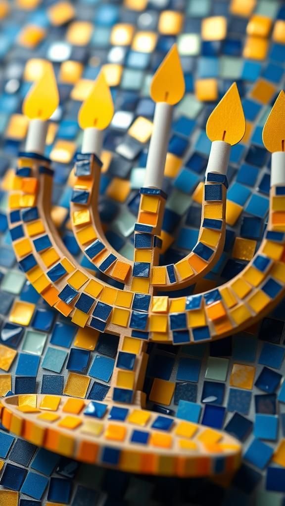 Paper mosaic menorah with tiny colored tiles