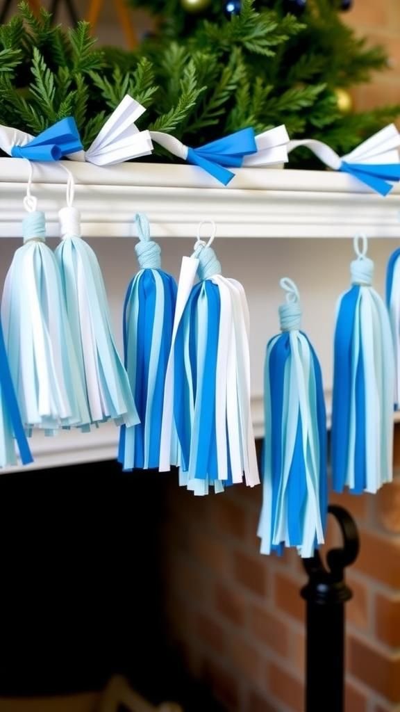 Tassel garland in blue and white, playful texture
