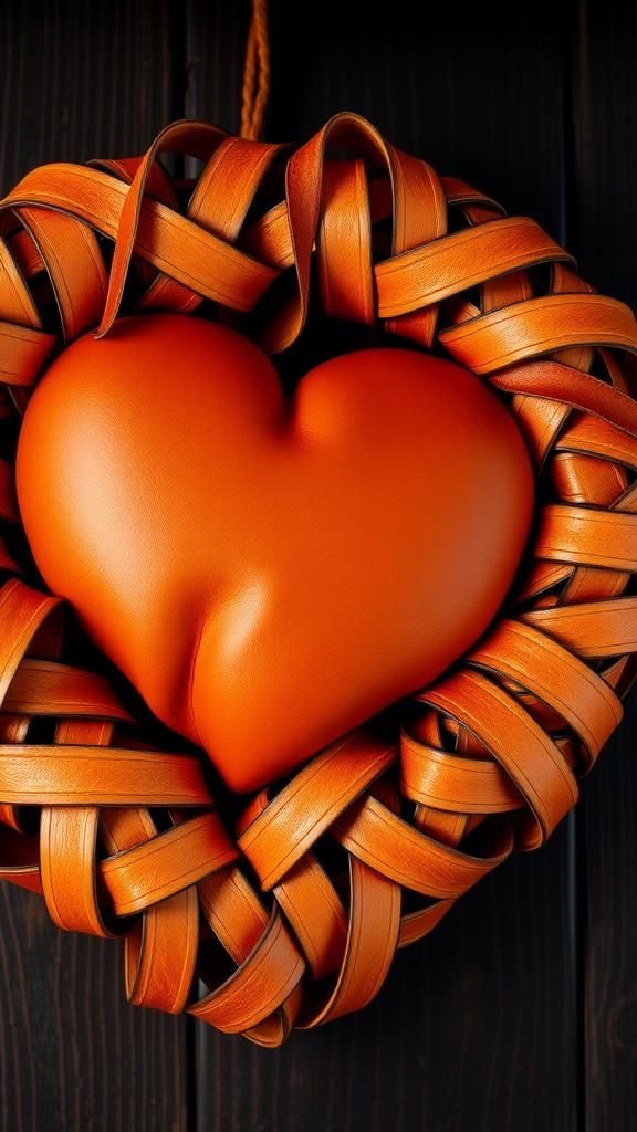 Leather strip heart with rugged, warm tones