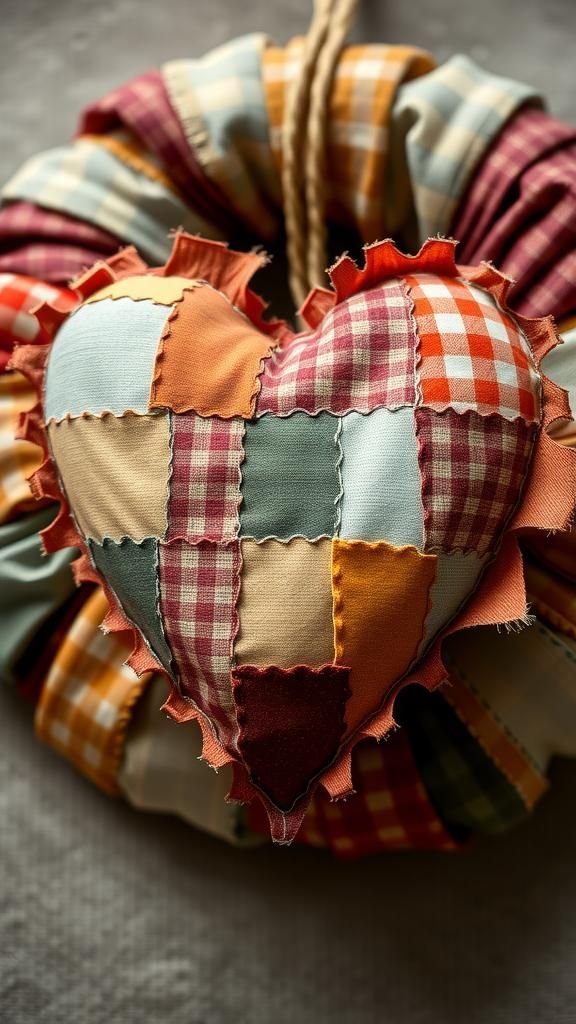 Patchwork fabric heart with frayed edges for softness