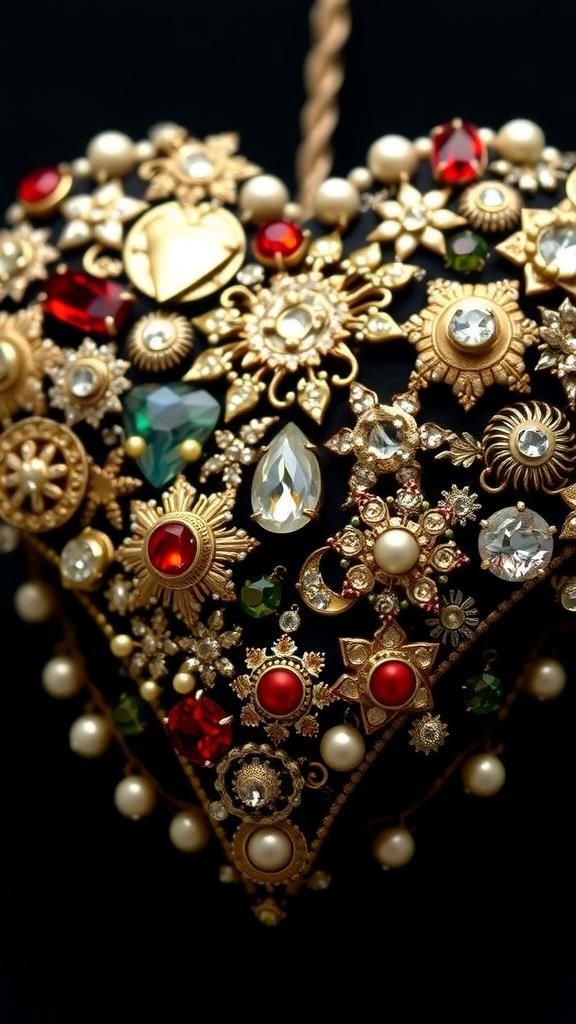 Vintage brooch heart with metallic sparkle