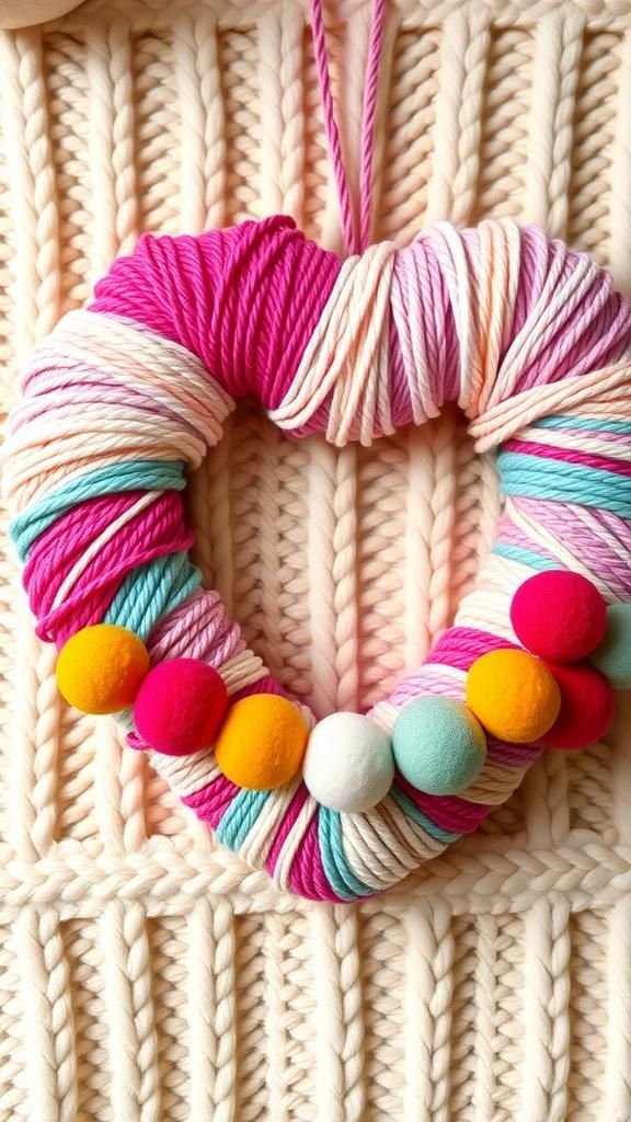 Yarn-wrapped heart with pom pom garland
