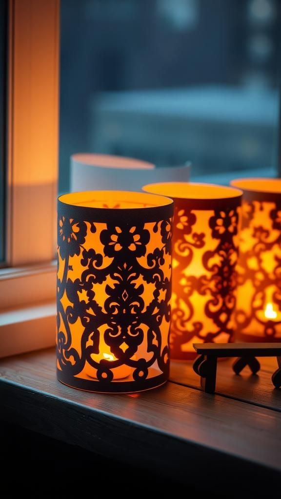Tea light paper jar lantern with lace-patterned glow