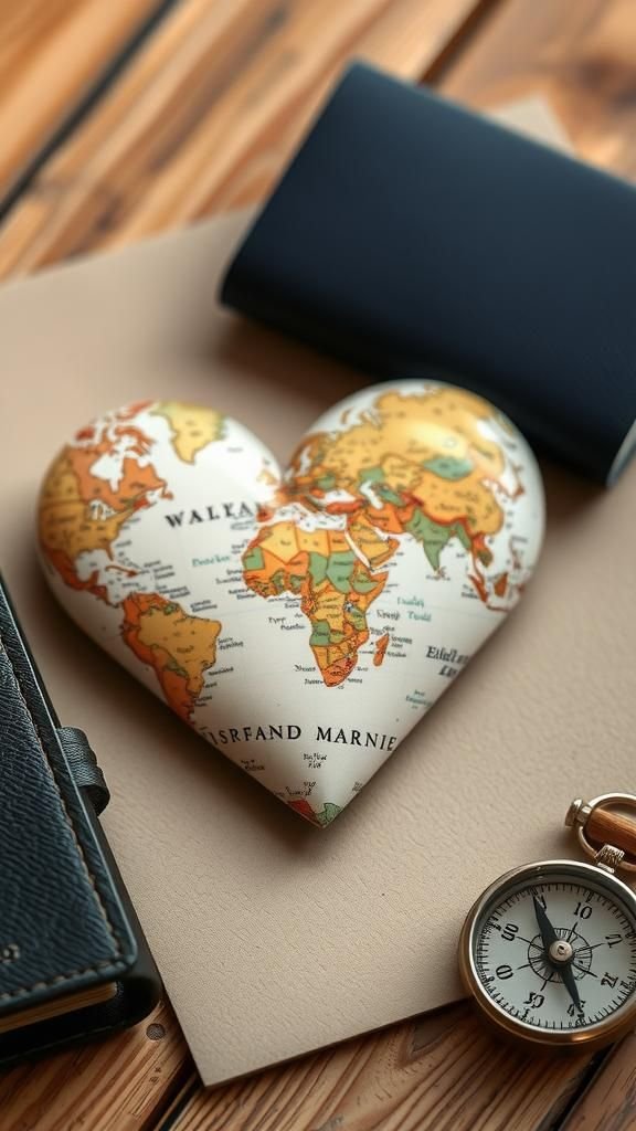 A folded map heart created from travel brochure bits