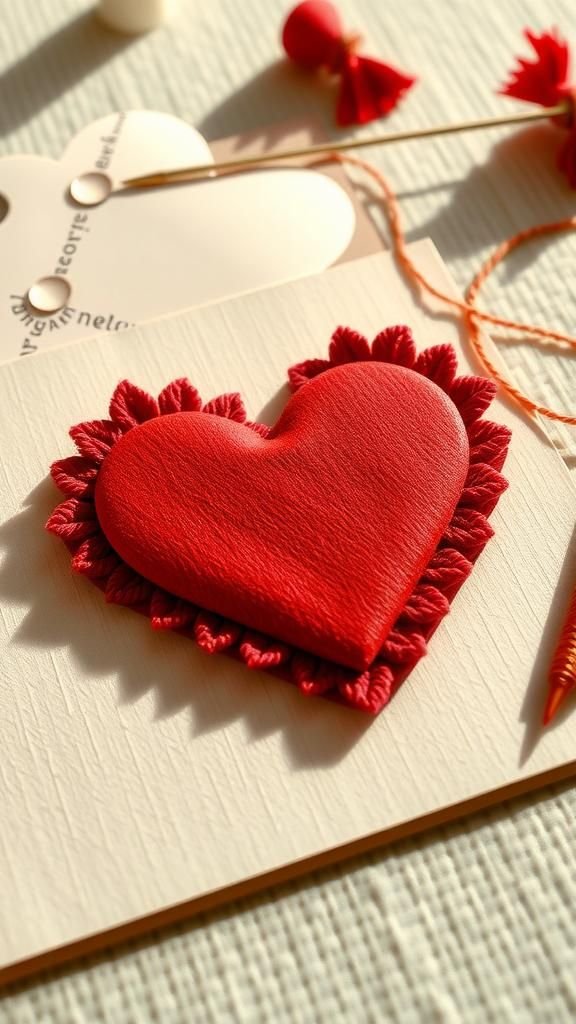 A layered fabric swatch heart on linen paper