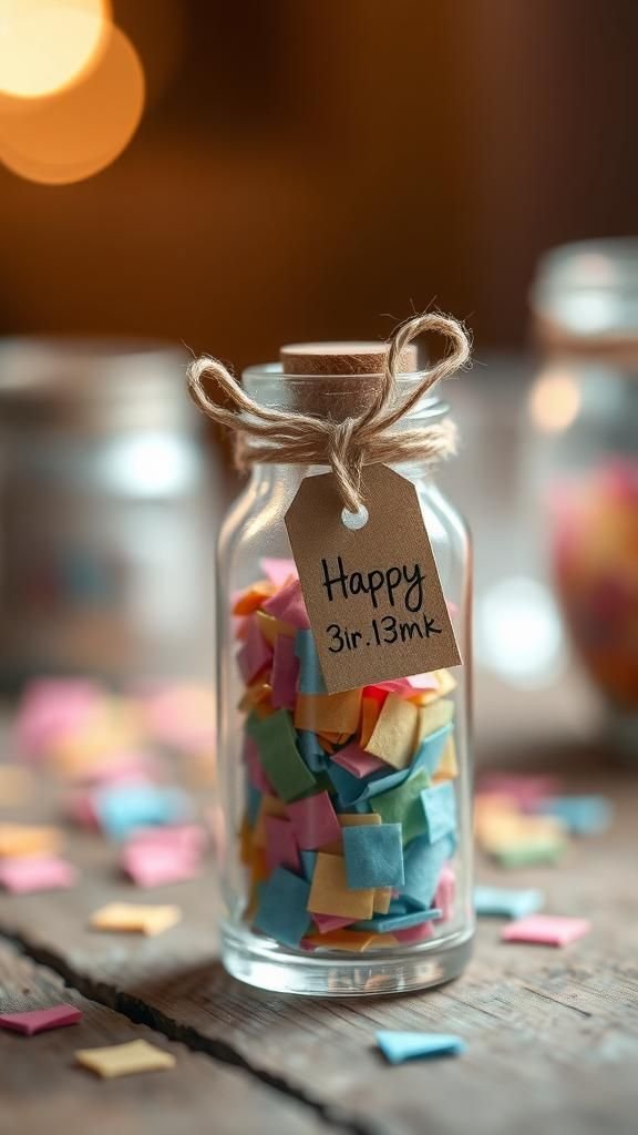 Tiny jar of confetti with a handwritten tag
