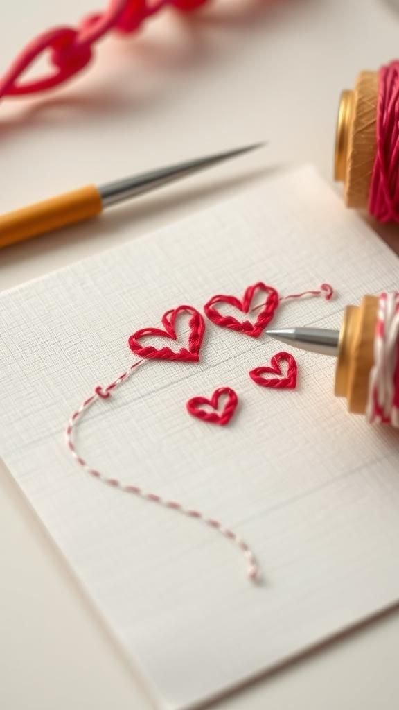 Tiny stitched hearts with visible running stitch