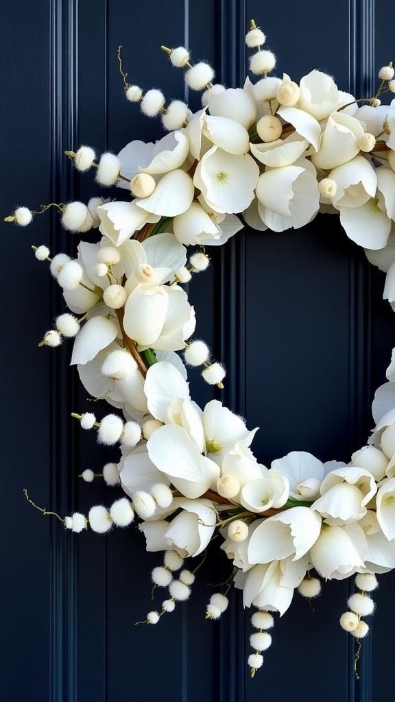 Monochrome all-white textured spring wreath design